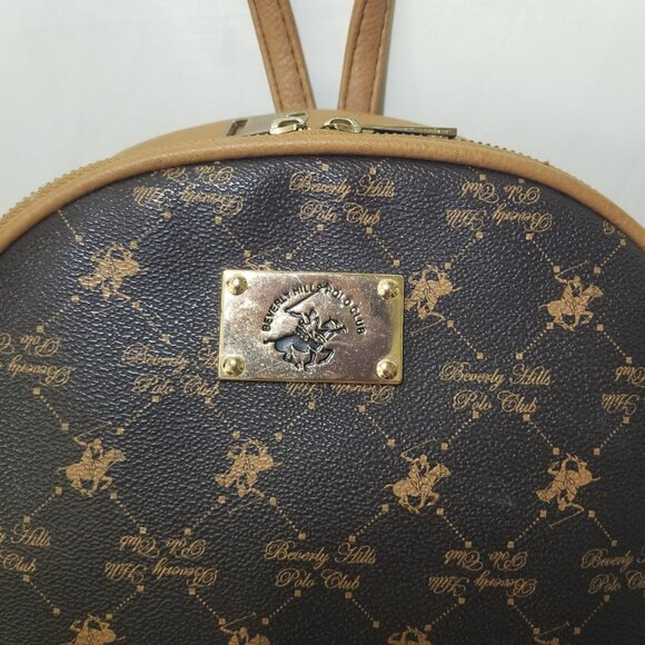 Beverly Hills Polo Club Womens Monogram Backpack Purse Brown Beige Zipper Close - Picture 2 of 16